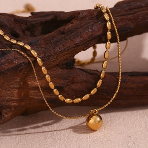 Double-layer 18K gold plated stainless steel necklace with bead chain and round pendant