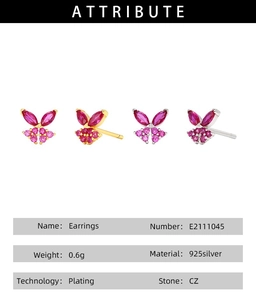 Detailed view of S925 silver butterfly earrings with CZ zircons in gold and silver