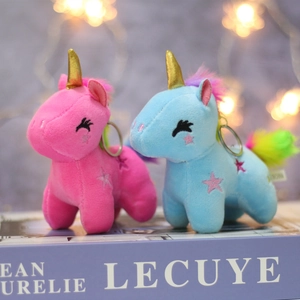 Detail of pink and blue plush unicorn keychains with gold horns and star embroidery