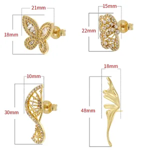 Detailed size chart for four styles of gold butterfly zircon earrings with measurements
