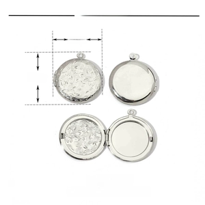 Polished stainless steel round locket with floral engraving and open interior view