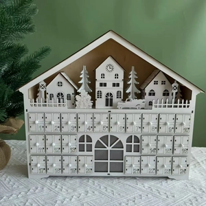 White 24-day wooden Christmas countdown advent calendar house with decorative snow village scene