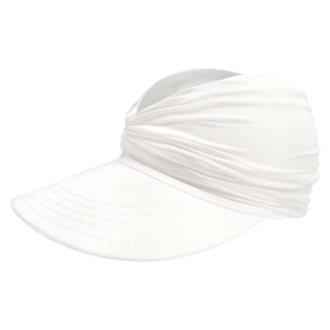 Side view of white pleated sun visor hat with reinforced stitching and stretch fabric