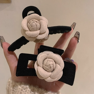 Camellia Hair Claw Clip Black Velvet Fabric Flower Elegant French Vintage Large Shark Clip Hair Accessories For Women