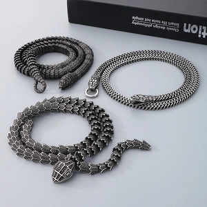 Vintage punk snake necklaces in distressed titanium steel with intricate scale textures