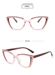 Detailed front and side views of pink and burgundy square cat-eye glasses frames