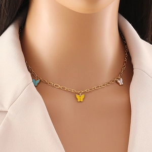 Golden stainless steel necklace with yellow, blue, and white butterfly charms for women