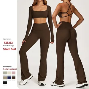 Conjunto de Top y Parte Inferior de Yoga de Poliamida de Alta Elasticidad para Mujer Pantalones Acampanados Levantamiento de Glúteos Traje de Fitness