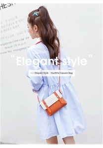 Detailed side view of orange and white PU leather crossbody bag worn by model