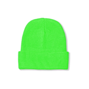 Detailed close-up of neon green knit beanie showing vertical ribbed texture and cuff fold