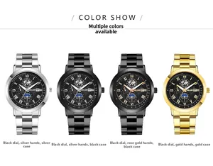 Orologio da uomo in acciaio inox con fasi lunari e data, in quattro varianti