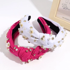 Retro knotted wide headband with 3D white flowers, pearls and rhinestones decoration