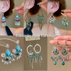 Bohemian Turquoise Tassel Dangle Earrings With 925 Sterling Silver Earring Post Retro Ethnic Flower Copper Jewelry For Women