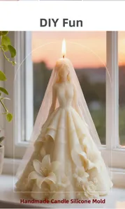 Detail of elegant wedding dress candle with intricate floral patterns made from silicone mold