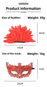 Detail van de maattabel van het rode veren masker voor feestjes met afmetingen en gewicht.