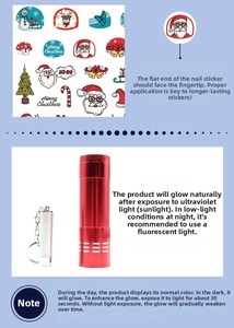 Detail of Christmas nail stickers with UV light showing glow-in-the-dark feature
