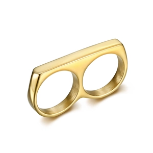 Minimalist double finger gold stainless steel ring with a wide geometric flat top bar