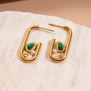 U-shaped gold stainless steel earrings with malachite, pearl and diamond accents