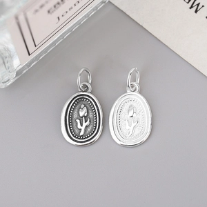 S925 sterling silver tulip oval pendants in vintage black and bright silver finishes