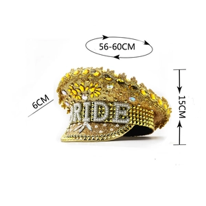 Golden sequin flat top wedding hat with pearl BRIDE lettering and rhinestone trim
