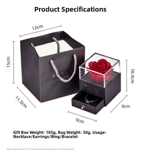 Preserved red rose gift box and handbag set with dimensions for jewelry storage