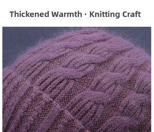 Detailed macro view of purple chunky knit beanie showing thick mohair texture and warm weave