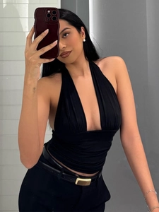 Halter Neck V Neck Tank Top Slim Fit Ruched Backless Solid Color Sexy Summer Chic Streetwear Vest For Women