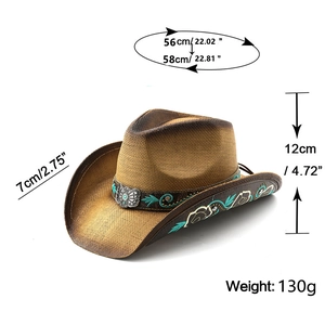 Detail of woven straw cowboy hat with turquoise embroidery and butterfly buckle