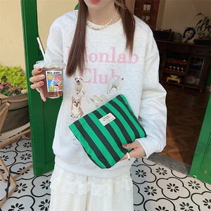 Detailed macro view of large striped canvas cosmetic bag held by a model in outdoor setting