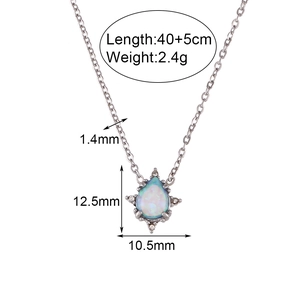 Stainless steel opal teardrop pendant necklace with adjustable chain length for women.