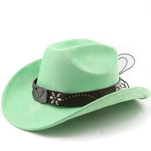 Detail of mint green suede cowboy hat with eagle metal buckle and silver rivets