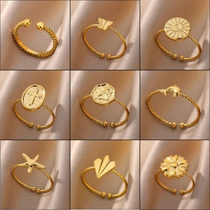 Adjustable Open Rings Stainless Steel Gold Plated Butterfly Cross Angel Starfish Dolphin Flower Shape Twist Rope Band