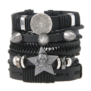 Men's Punk Leather Braided Bracelet Vintage Skull Cross Star Studded Adjustable Gothic Religious Jewelry Hand Chain Collection