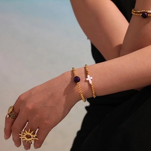 Stainless Steel Beaded Bracelet 18K Gold Plated Agate Natural Shell Cross Pendant Waterproof Luxury Jewelry For Women