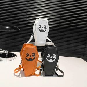 Ghost coffin shaped shoulder bags with Halloween pumpkin prints in white orange and black