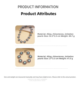 Detailed view of bohemian floral necklace set with turquoise resin, pearls and rhinestones