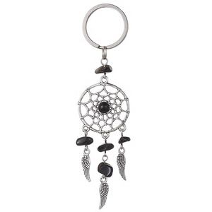 Detail of dream catcher keychain with black obsidian stones and feather pendants
