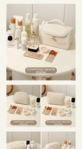 Detail view of woven cream makeup bags including shell and triangle pouch styles