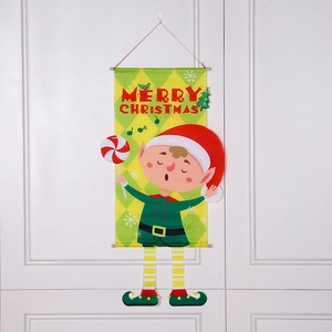 Merry Christmas elf door hanging banner with vibrant red and green festive decorations