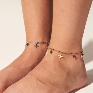 Bracelets de cheville double couche or et argent avec pierres naturelles et trèfles