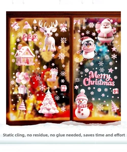 Pink cartoon Christmas window stickers with 3D effect Santa, reindeer, and snowman