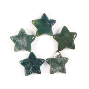Detailed view of five star-shaped moss agate stones with polished natural textures