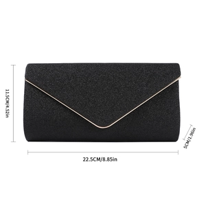 Size chart for black glitter evening clutch featuring gold V-trim and dimensions