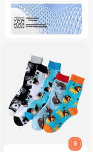 Details von fünf Paar Baumwollsocken mit Tiermotiven wie Hunden, Pandas und Faultieren