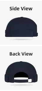 Detail view of navy cotton docker hat showing the adjustable strap and metal buckle