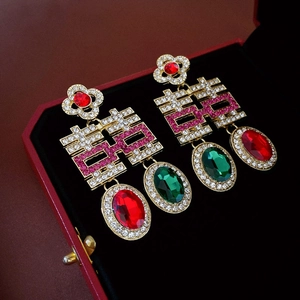Boucles d'oreilles chinoises vintage Double Bonheur avec cristaux et fleurs dorées