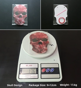 Detail view of Halloween bloody skull banner set with dimensions and weight on a scale