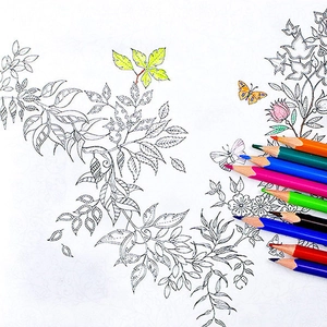 Vibrant colored pencils on a Secret Garden coloring book page with floral patterns