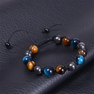 Handmade woven 10mm blue and yellow tiger eye stone bead bracelet with adjustable cord