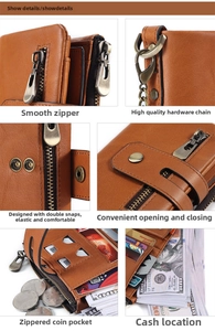 Detail view of brown leather wallet featuring bronze zippers and multiple card slots